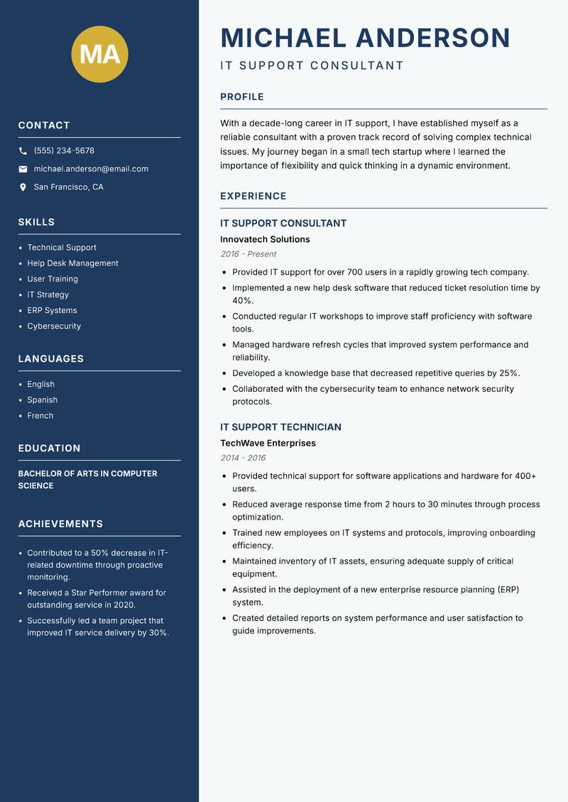 IT Support Consultant Resume Preview Example