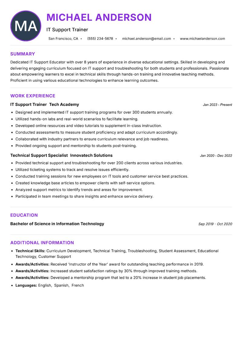IT Support Educator Resume Preview Example