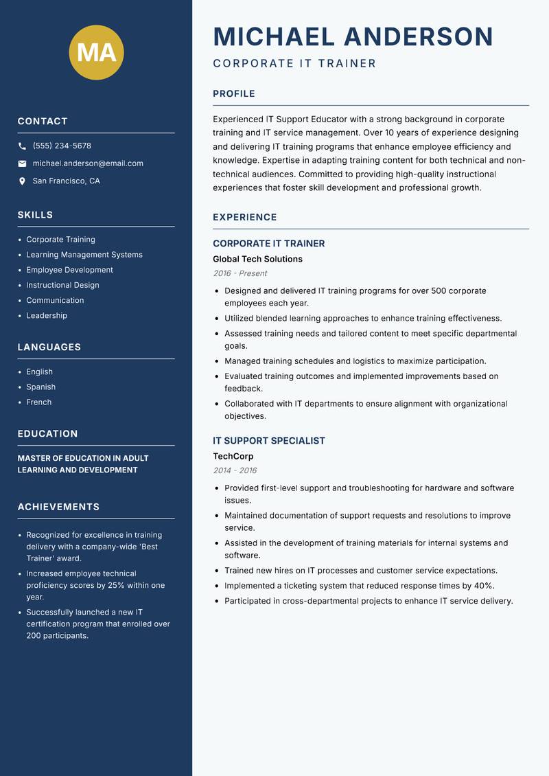 IT Support Educator Resume Preview Example
