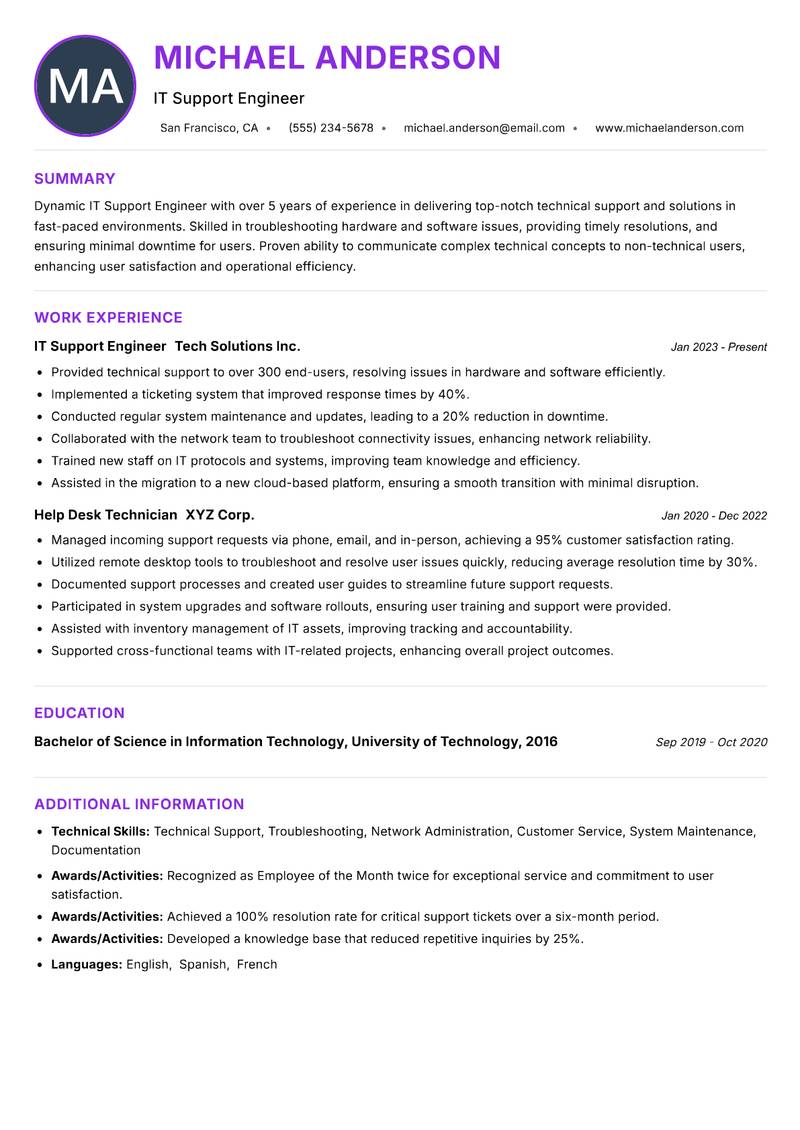 IT Support Engineer Resume Preview Example