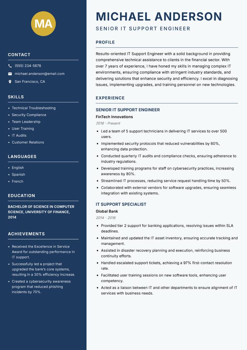 IT Support Engineer Resume Preview Example