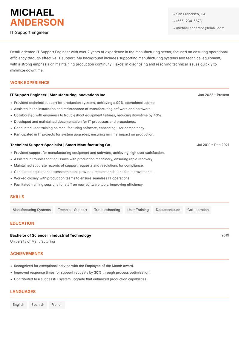 IT Support Engineer Resume Template