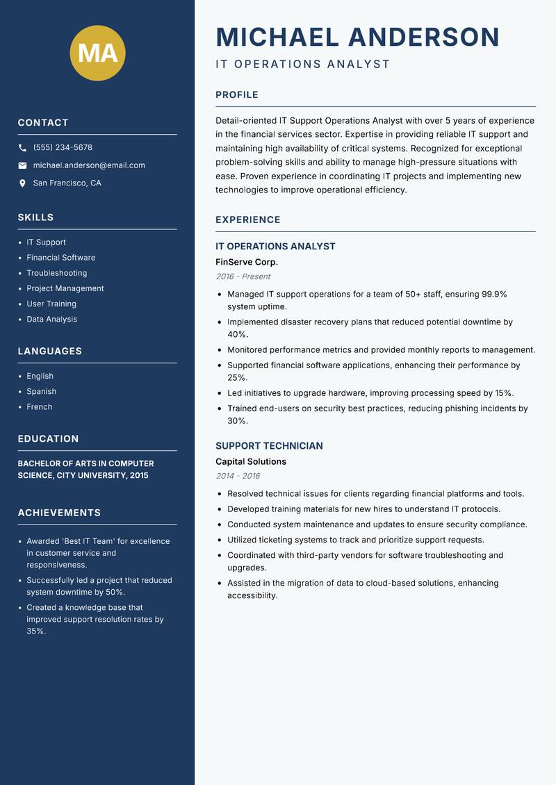 IT Support Operations Analyst Resume Preview Example