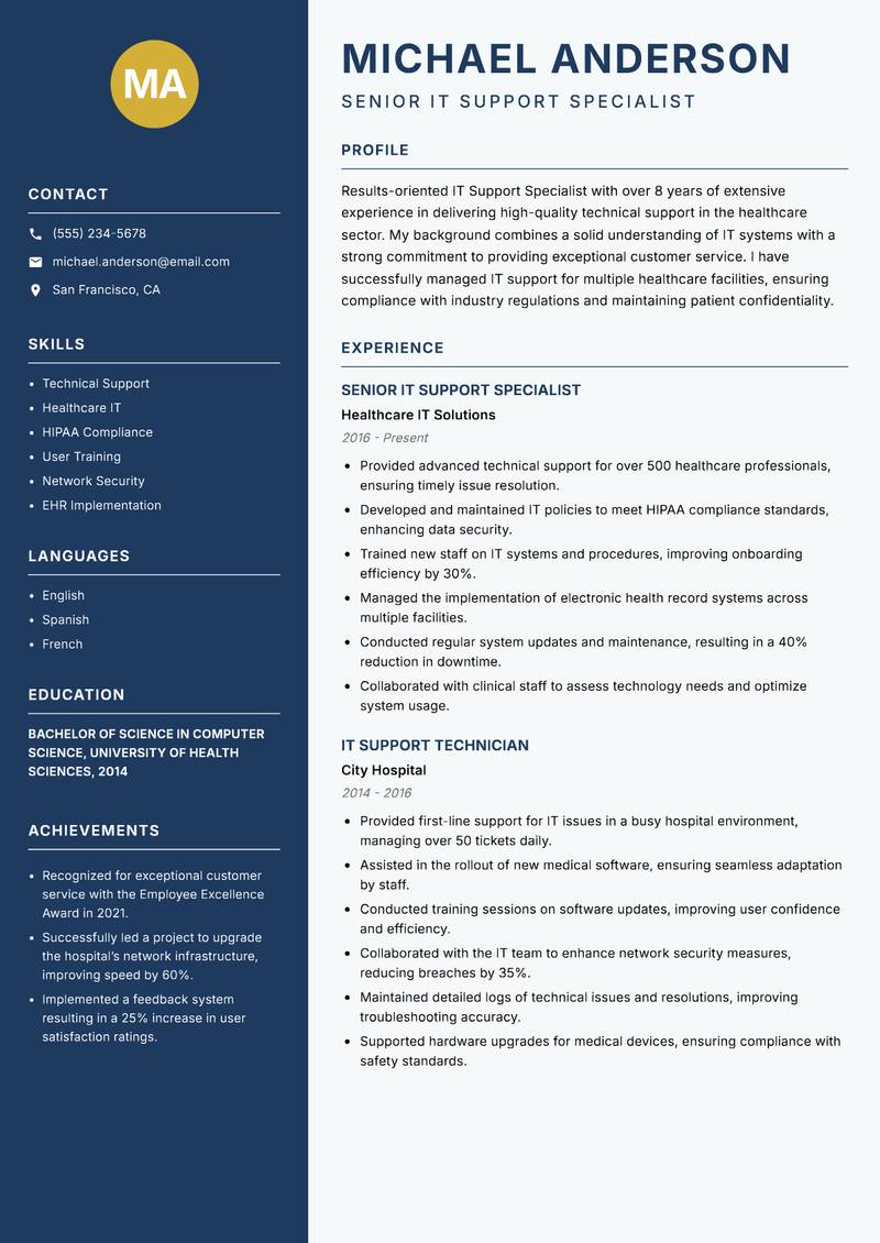 IT Support Specialist Resume Preview Example