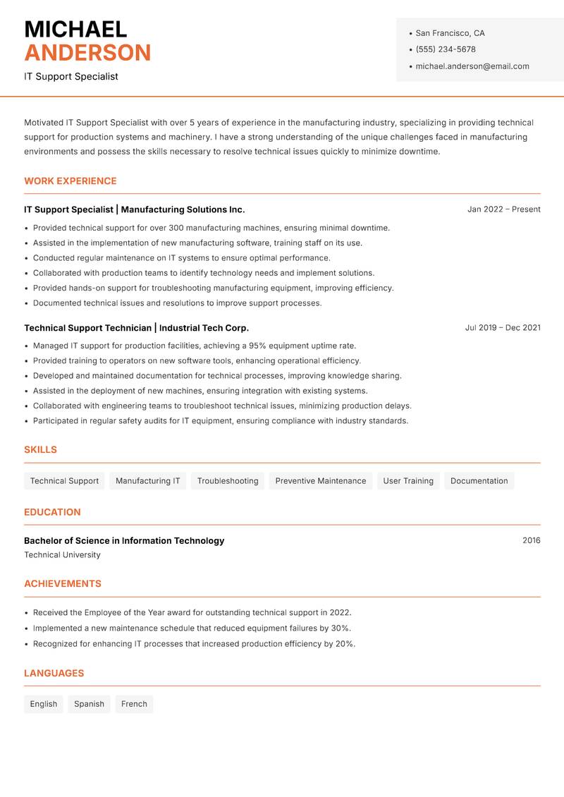 IT Support Specialist Resume Template