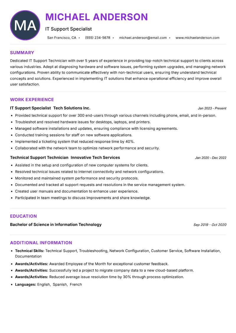 IT Support Technician Resume Preview Example