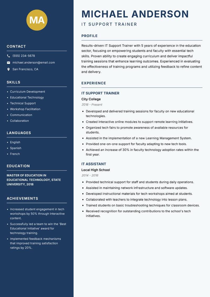 IT Support Trainer Resume Preview Example