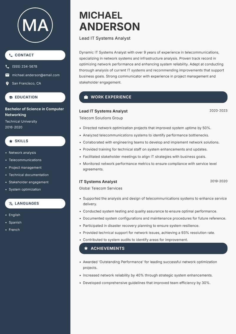IT Systems Analyst Resume Preview Example
