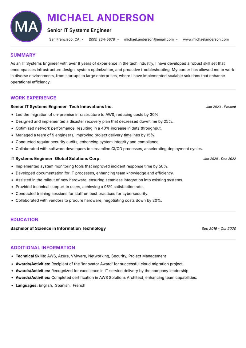 IT Systems Engineer Resume Preview Example