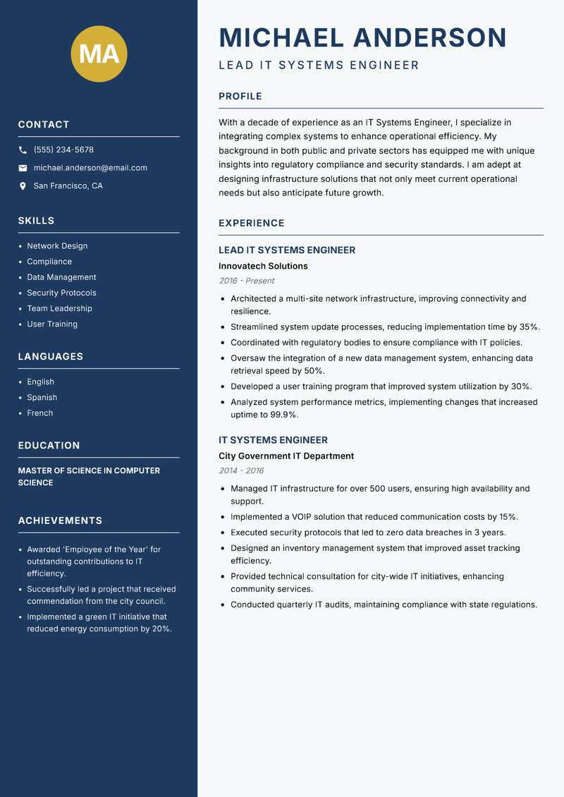 IT Systems Engineer Resume Preview Example