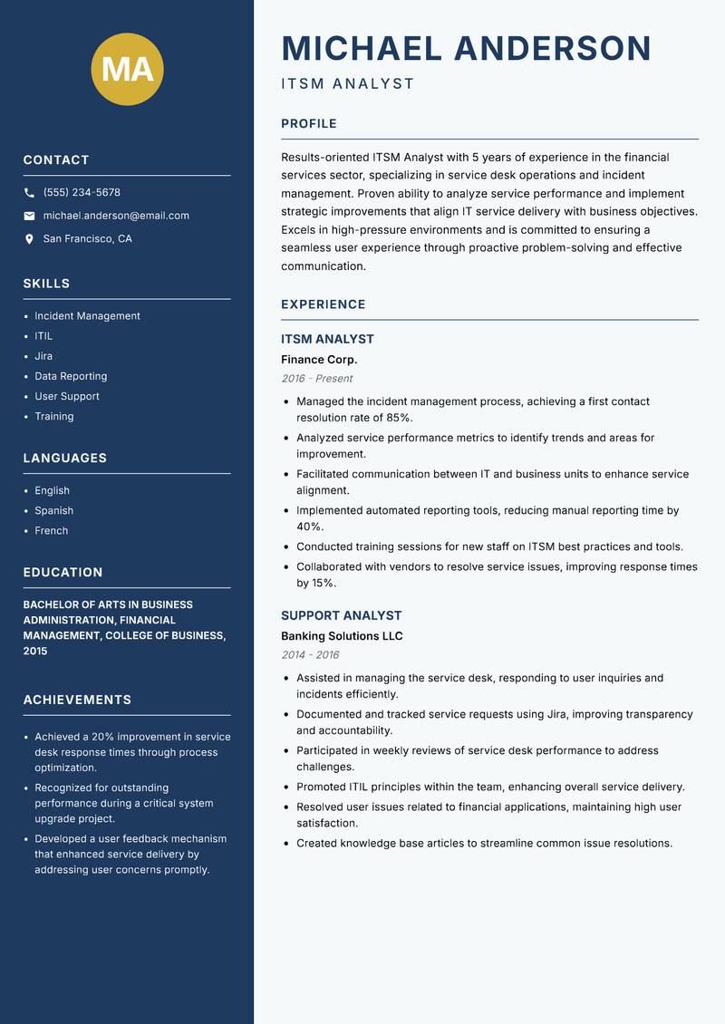 ITSM Analyst Resume Preview Example