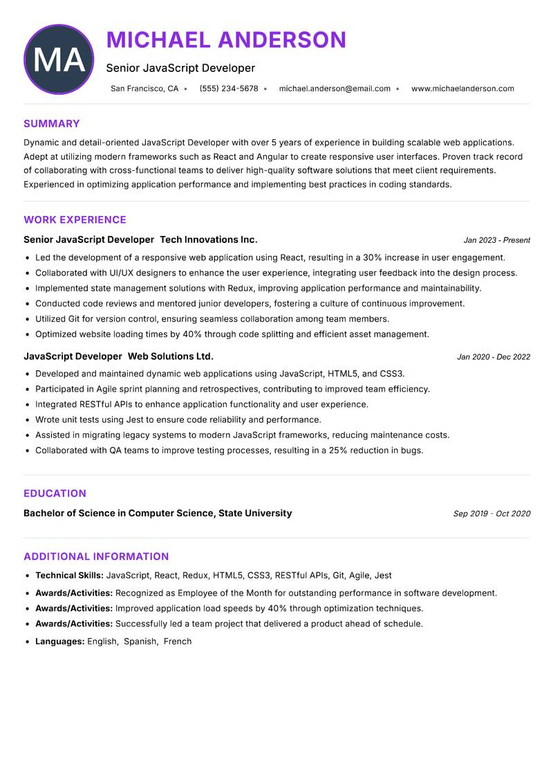 JavaScript Developer Resume Preview Example