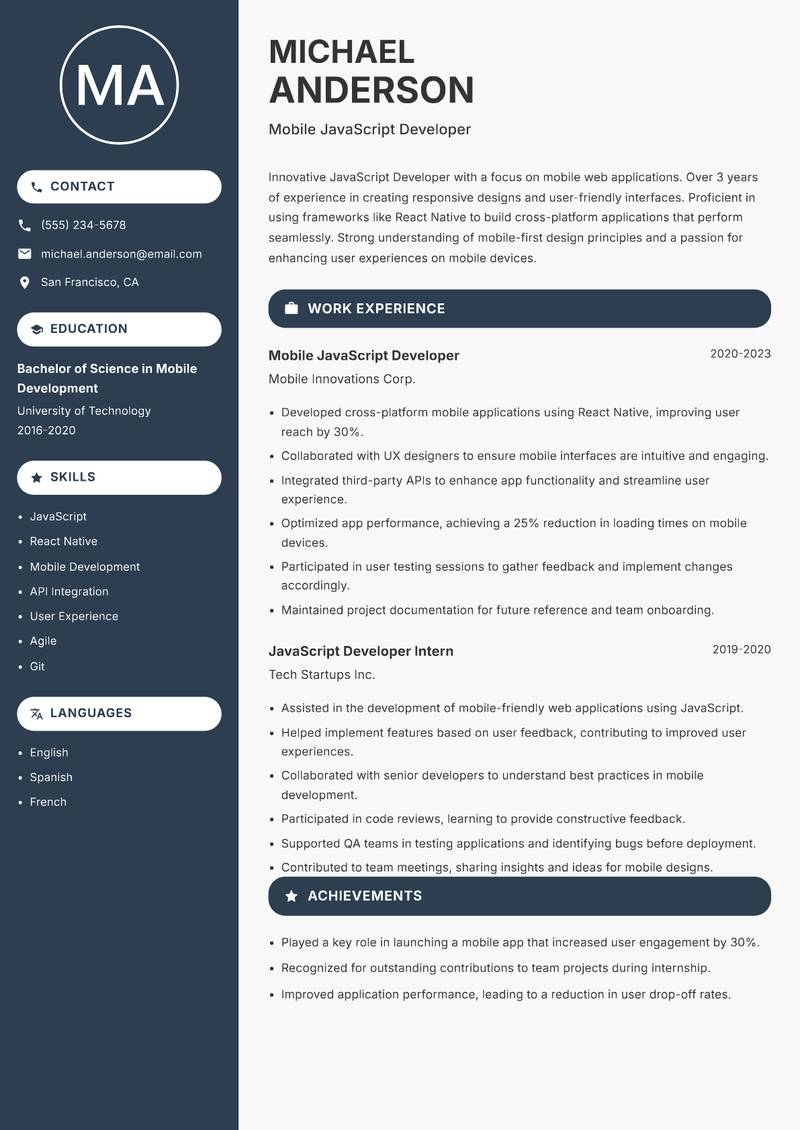 JavaScript Developer Resume Preview Example