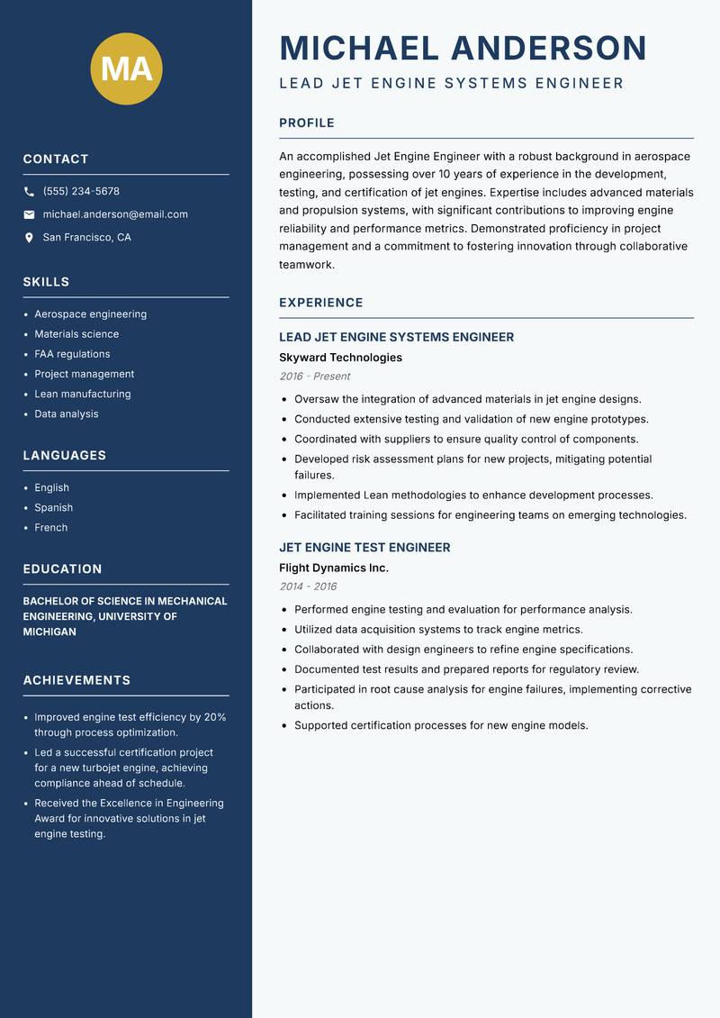Jet Engine Engineer Resume Preview Example