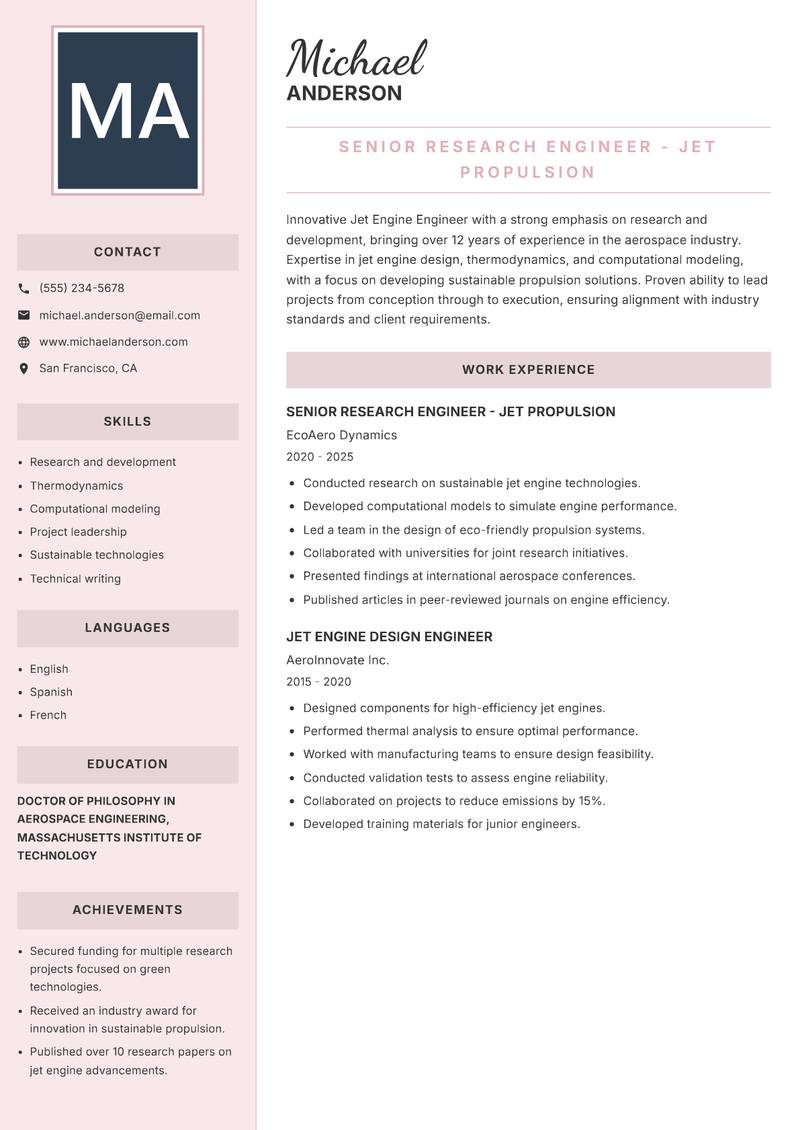 Jet Engine Engineer Resume Preview Example