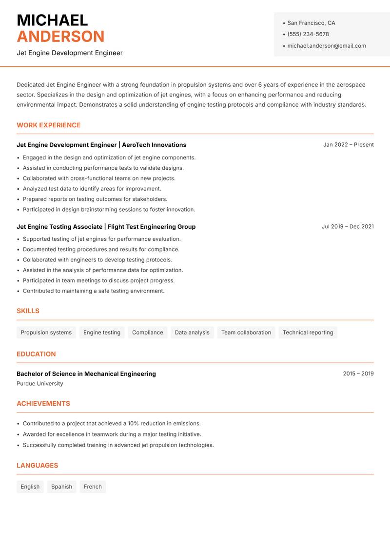 Jet Engine Engineer Resume Template