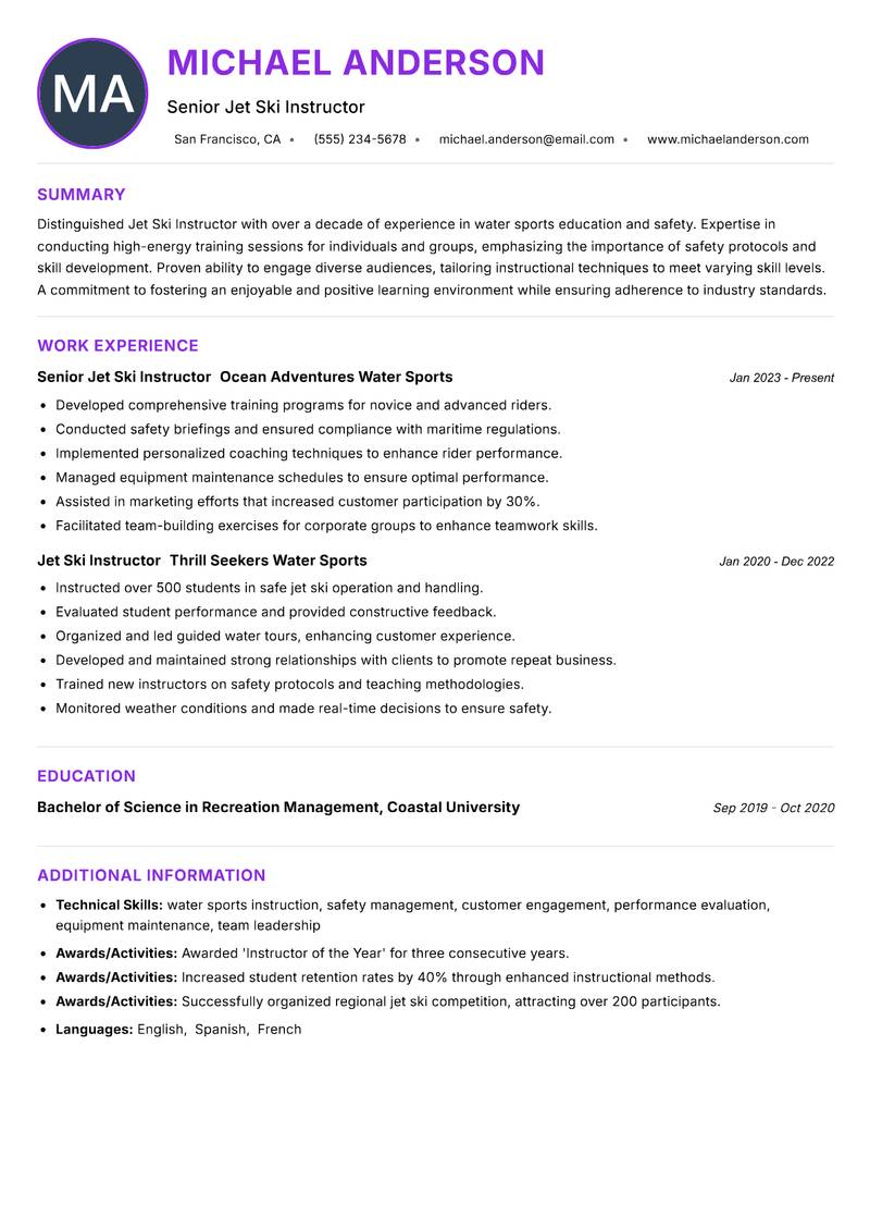 Jet Ski Instructor Resume Preview Example