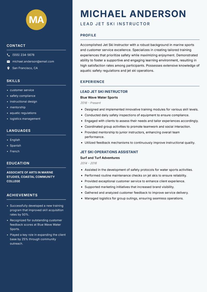 Jet Ski Instructor Resume Preview Example