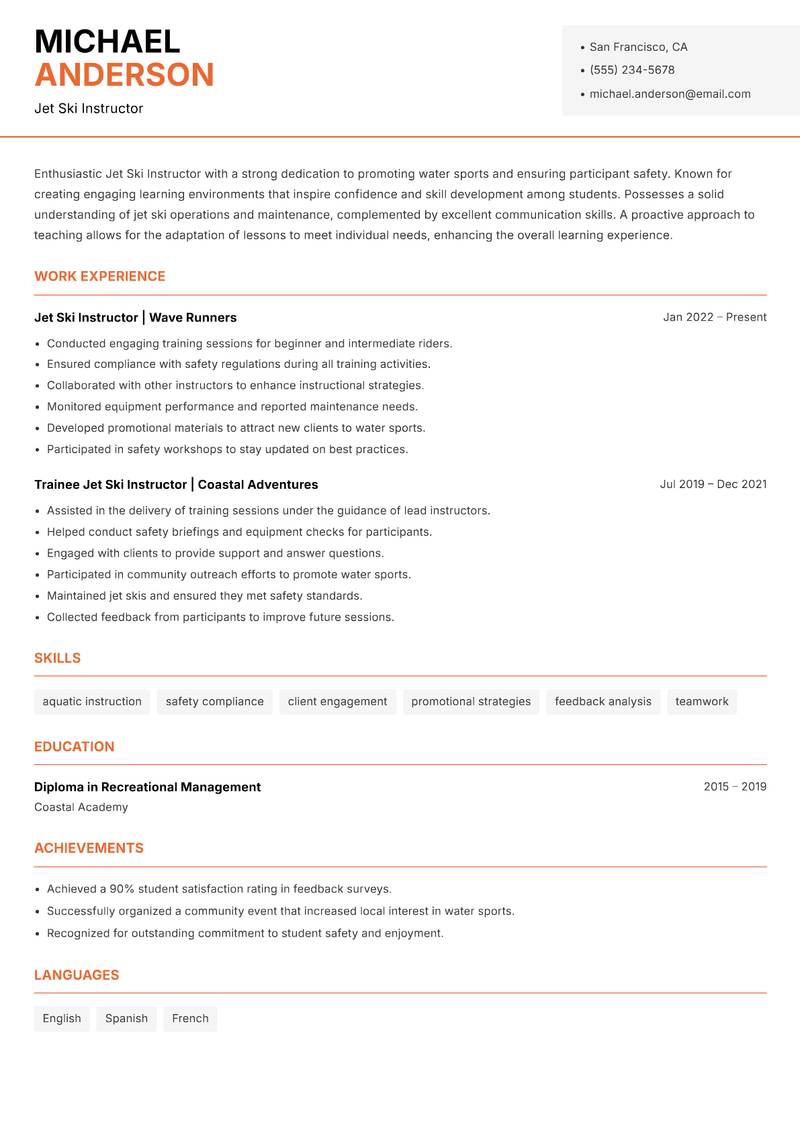 Jet Ski Instructor Resume Template