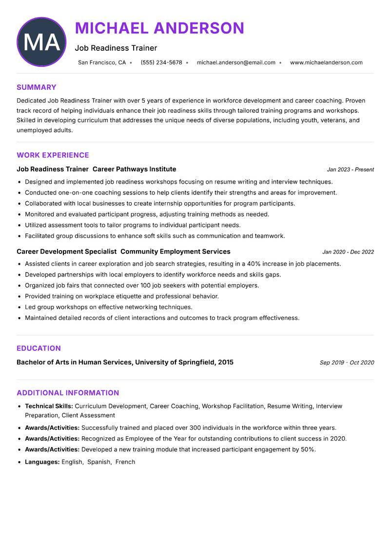 Job Readiness Trainer Resume Preview Example