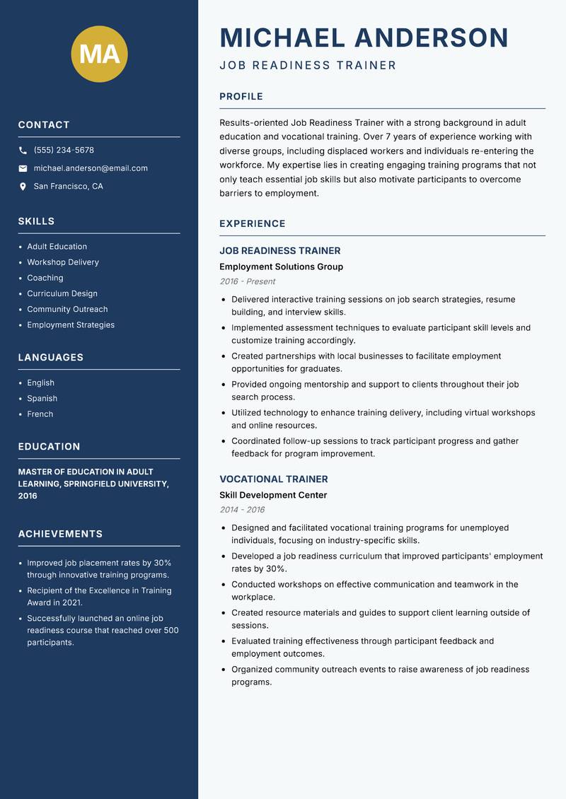 Job Readiness Trainer Resume Preview Example
