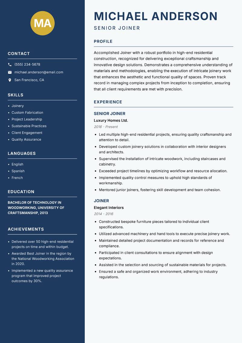 Joiner Resume Preview Example