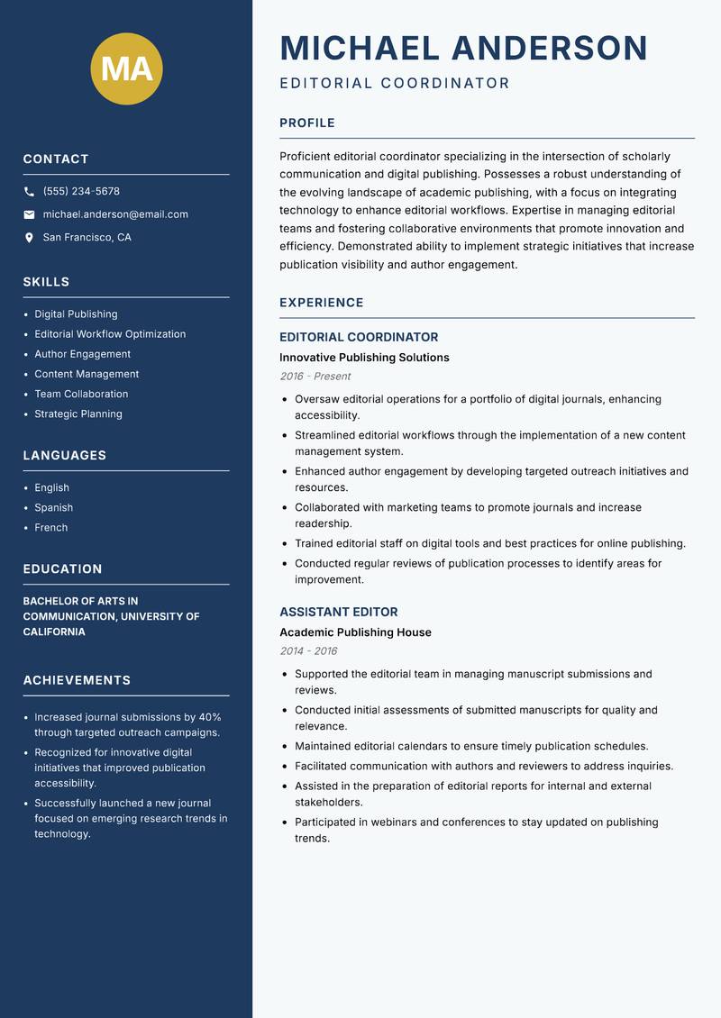 Journal Editorial Coordinator Resume Preview Example