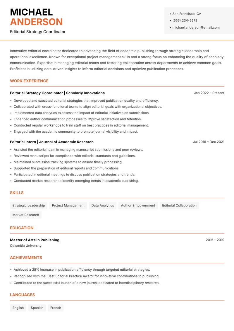Journal Editorial Coordinator Resume Template