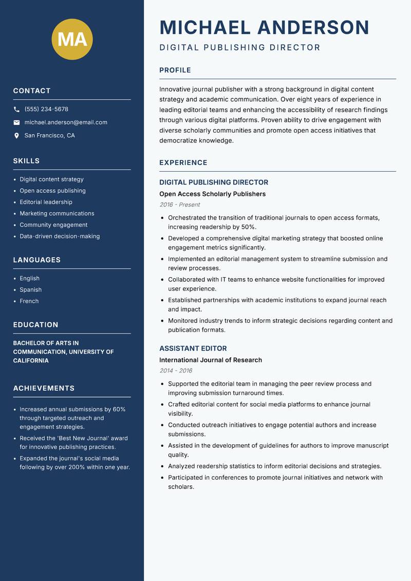 Journal Publisher Resume Preview Example