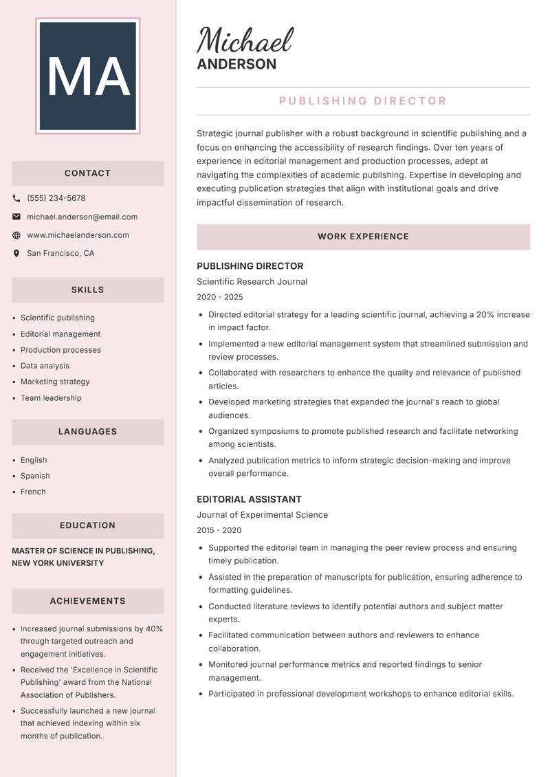 Journal Publisher Resume Preview Example
