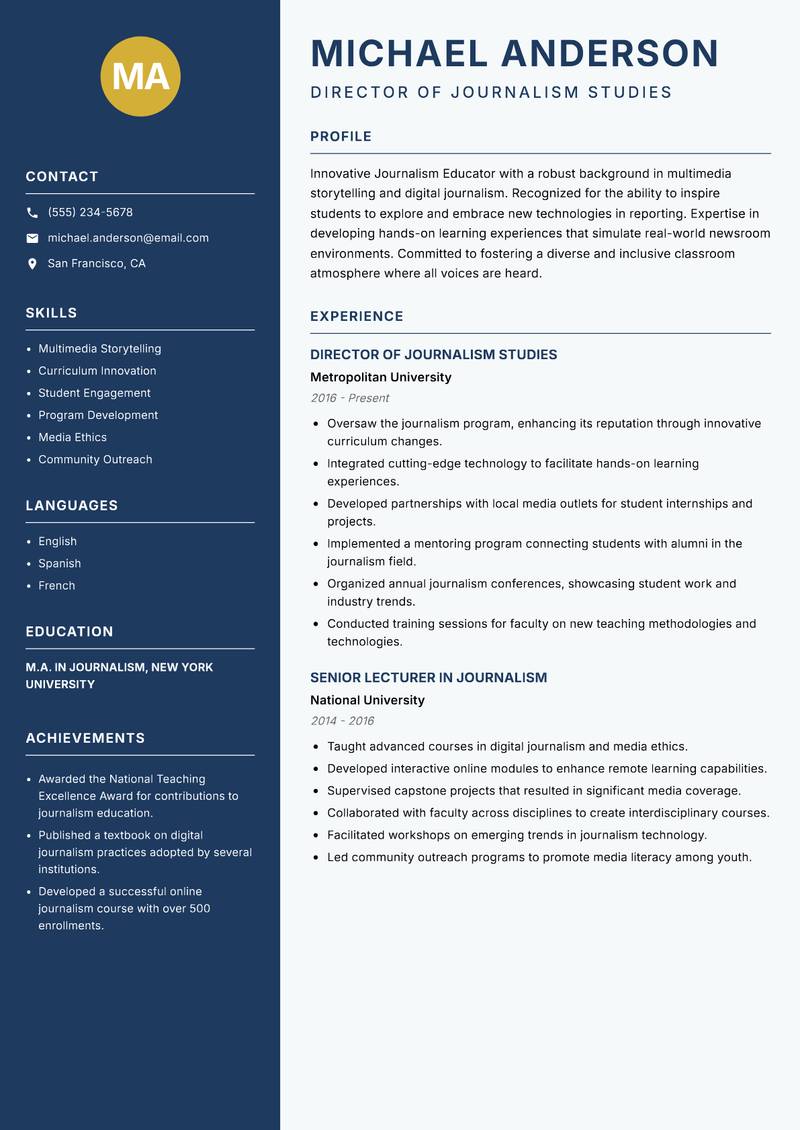 Journalism Educator Resume Preview Example