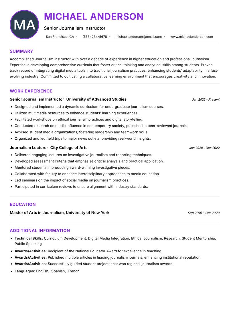 Journalism Instructor Resume Preview Example
