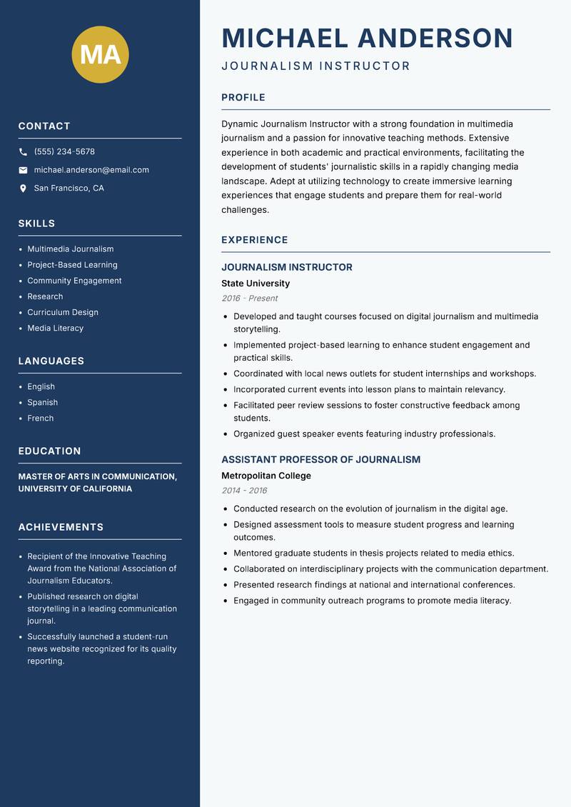 Journalism Instructor Resume Preview Example