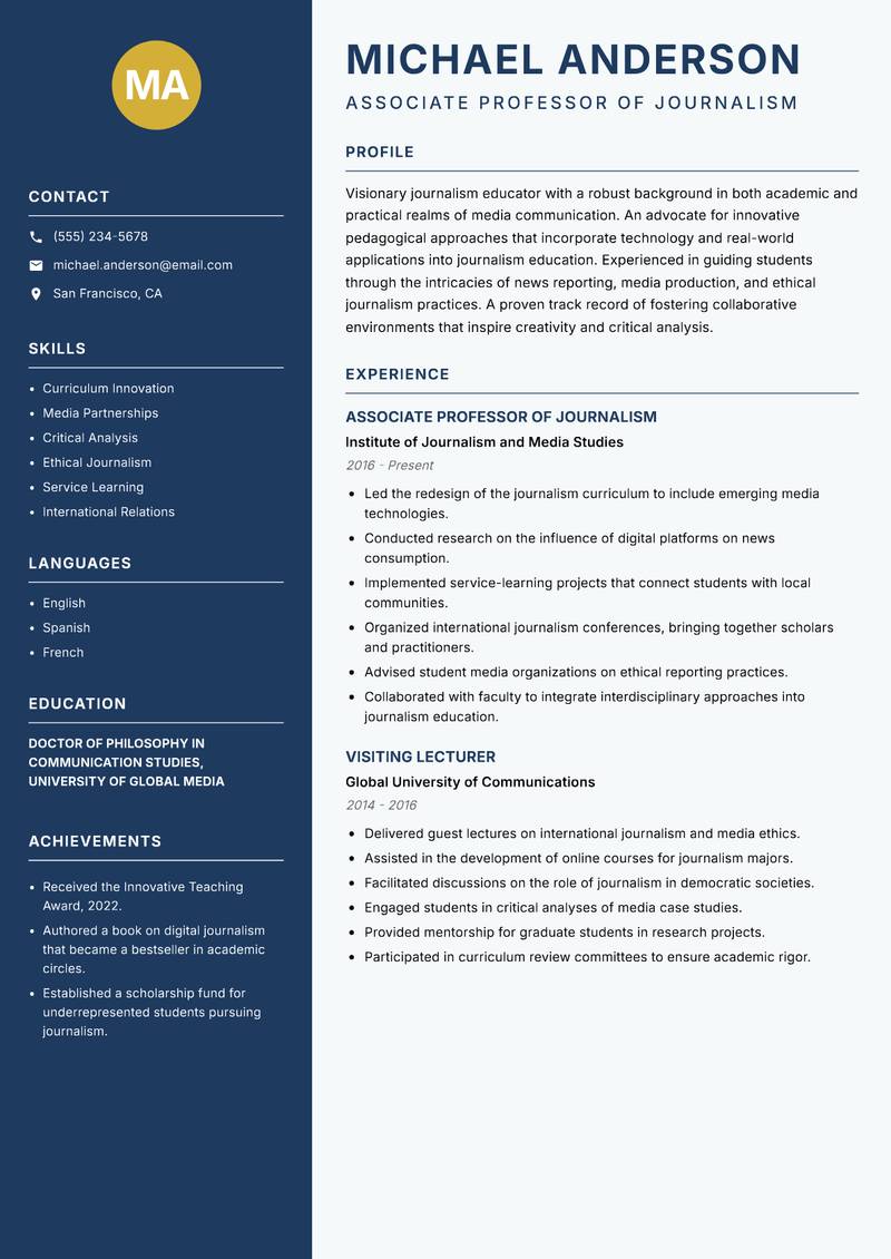Journalism Lecturer Resume Preview Example