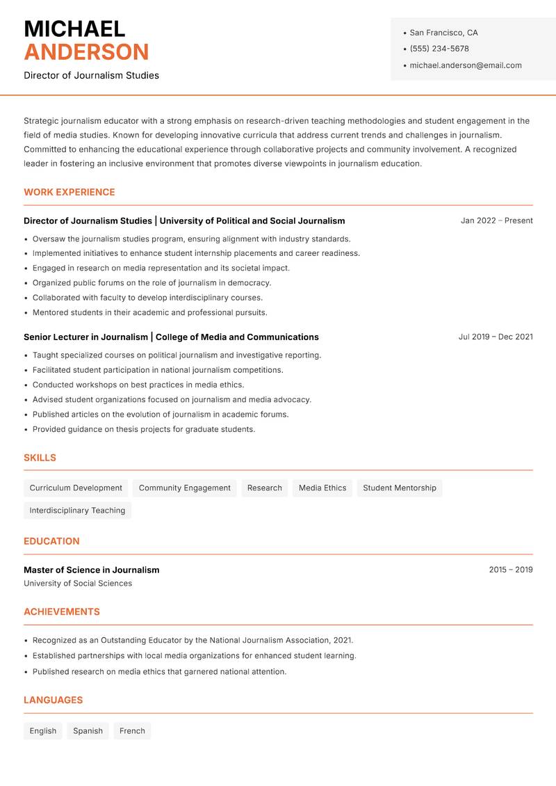 Journalism Lecturer Resume Template