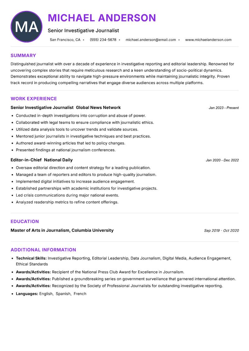 Journalist Resume Preview Example