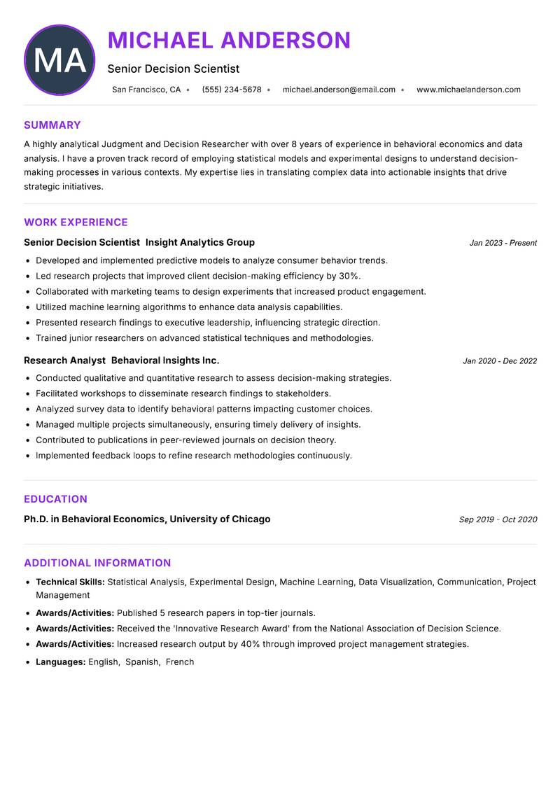 Judgment and Decision Researcher Resume Preview Example