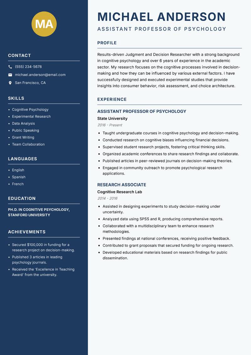 Judgment and Decision Researcher Resume Preview Example
