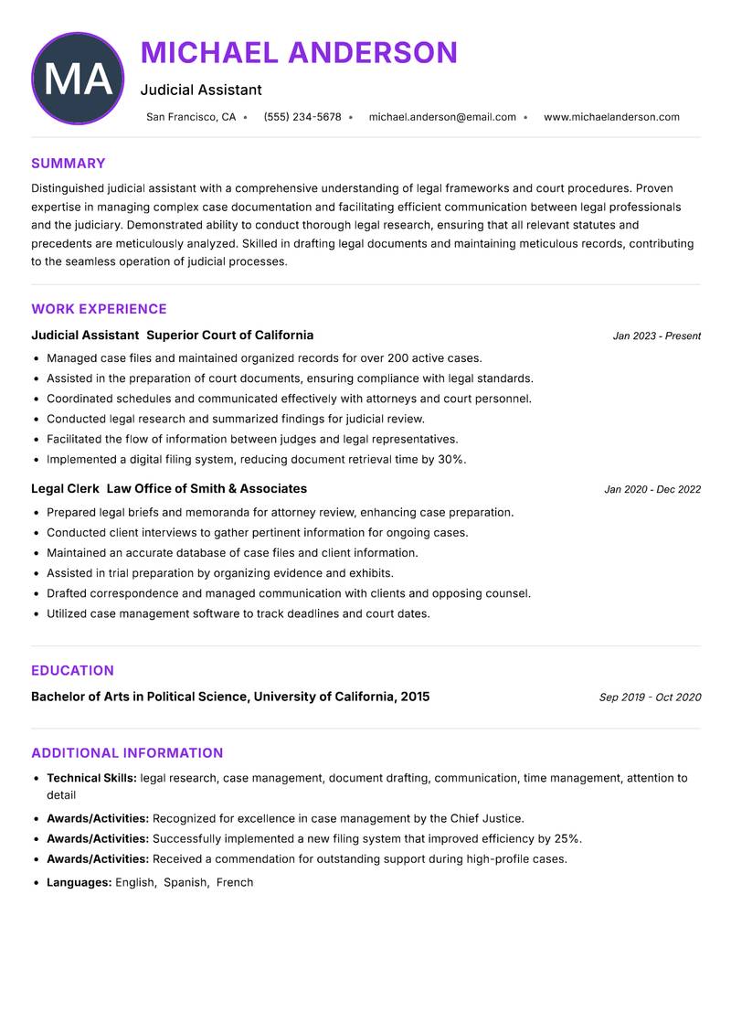 Judicial Assistant Resume Preview Example