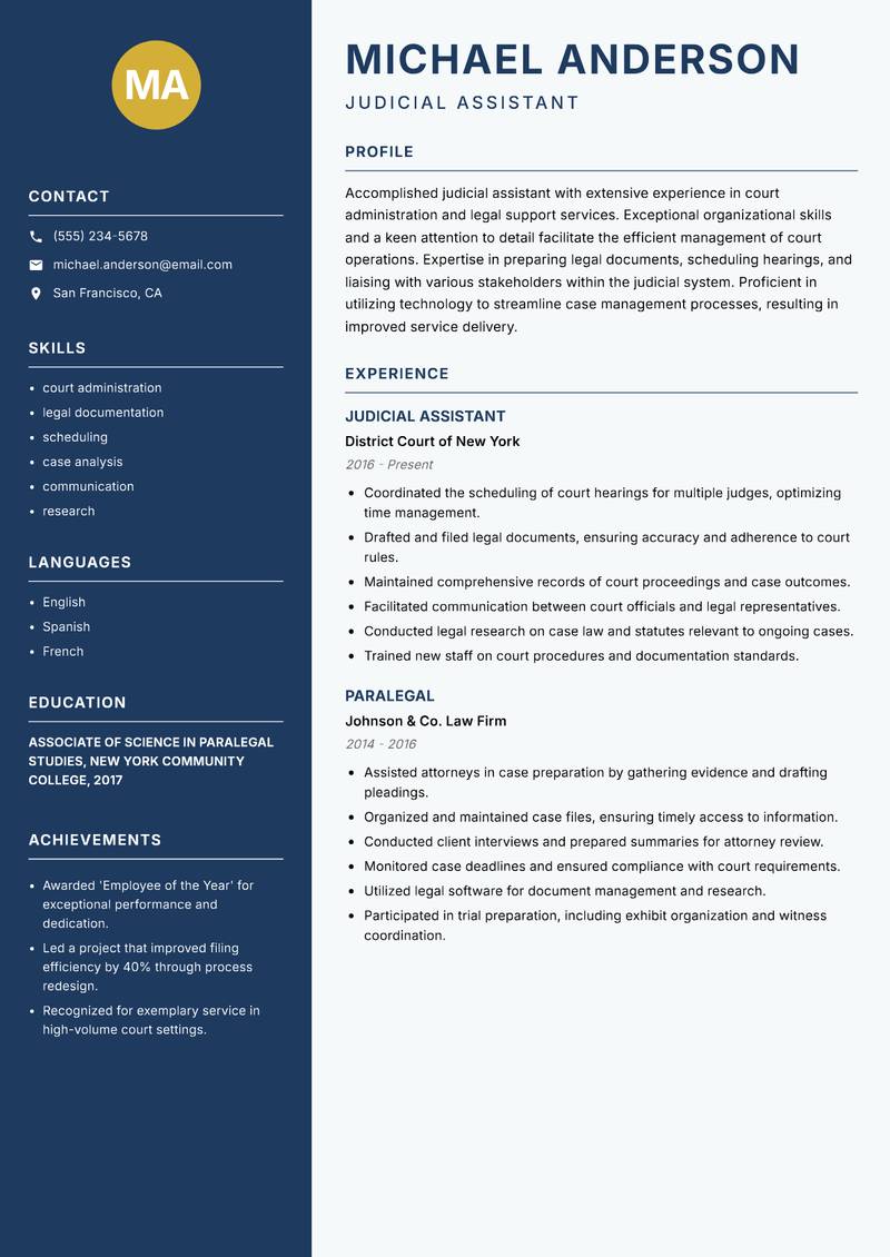 Judicial Assistant Resume Preview Example