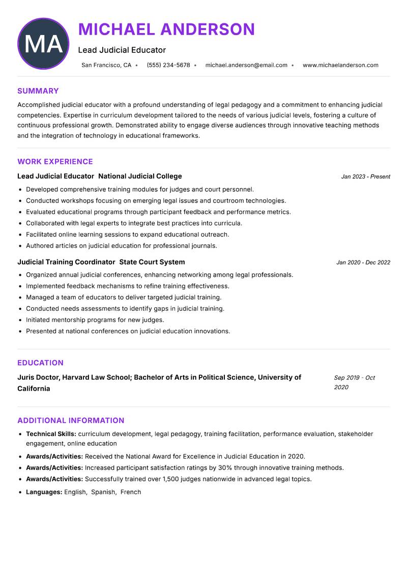 Judicial Educator Resume Preview Example