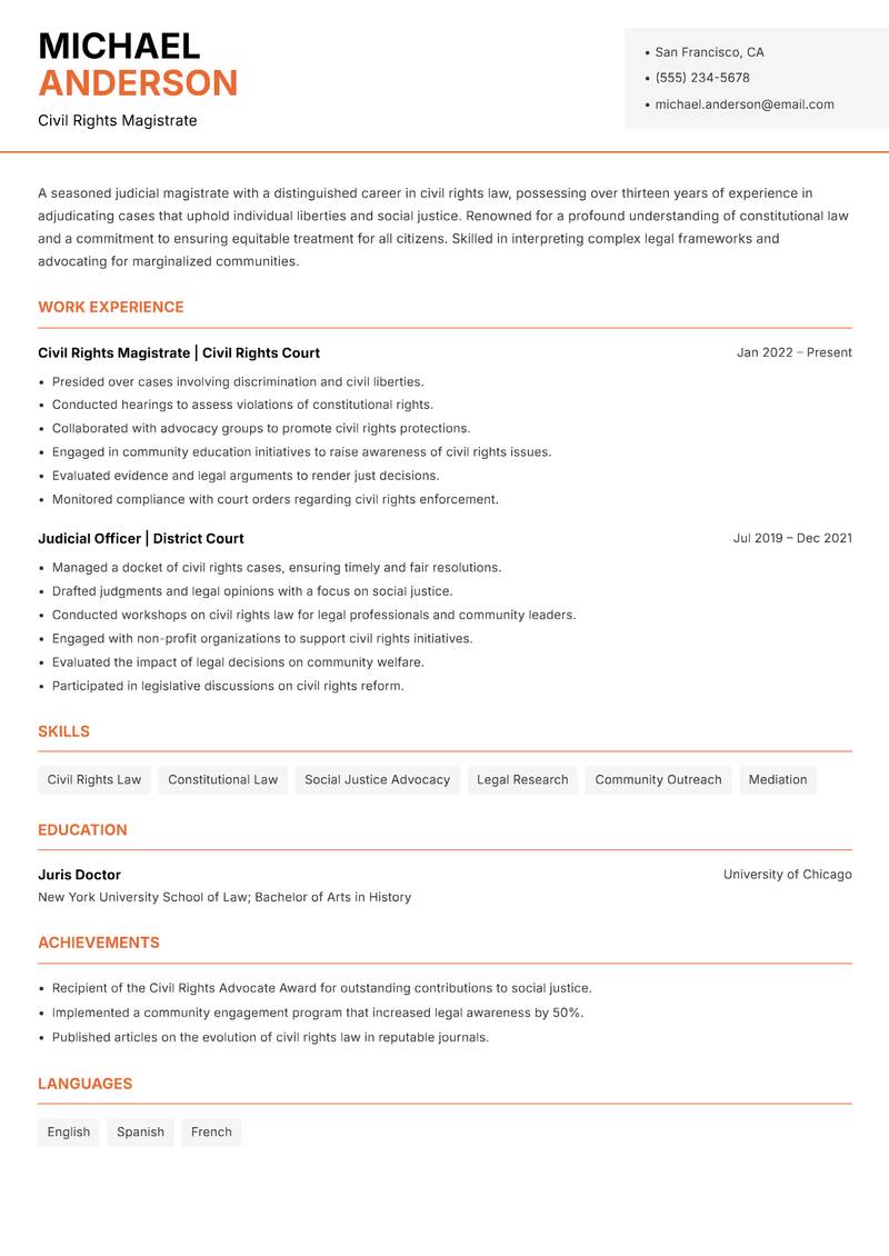 Judicial Magistrate Resume Template