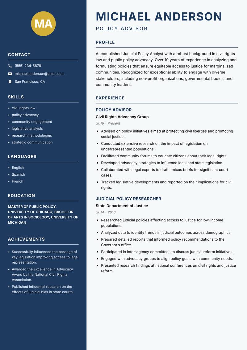 Judicial Policy Analyst Resume Preview Example