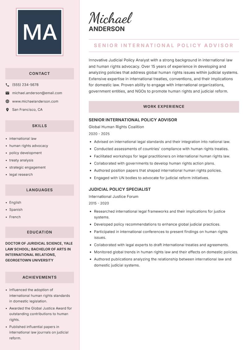 Judicial Policy Analyst Resume Preview Example