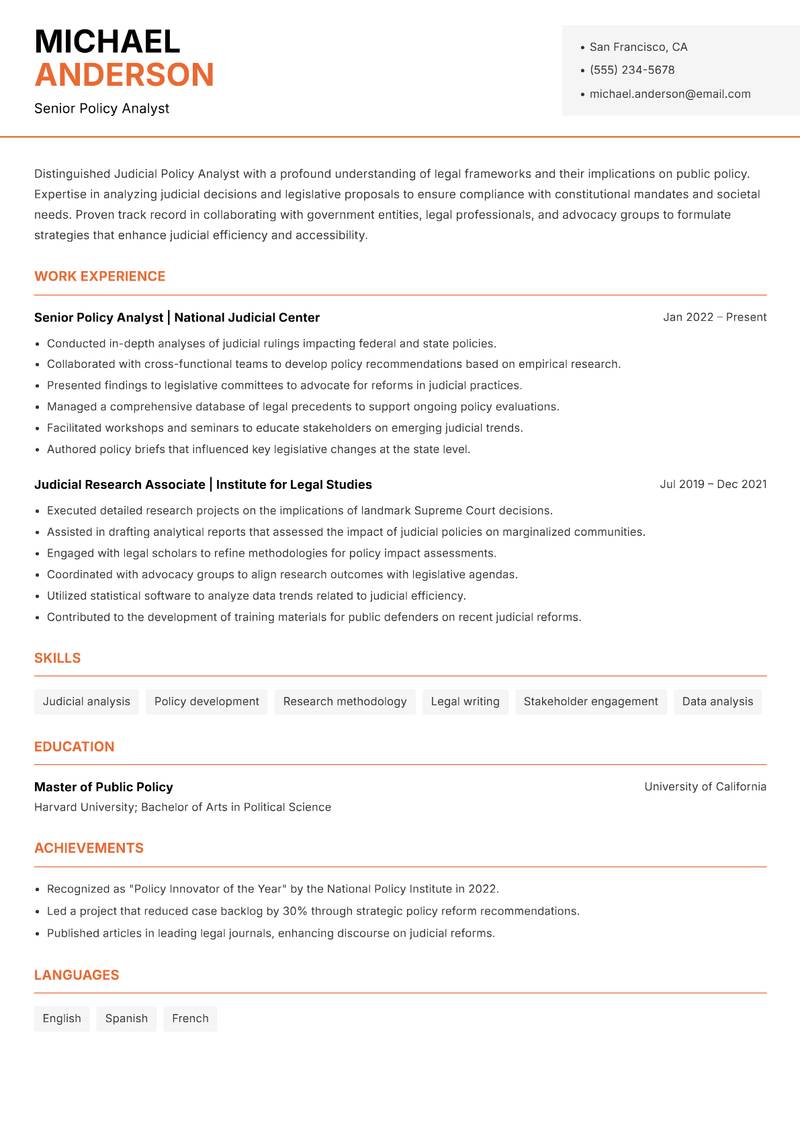 Judicial Policy Analyst Resume Template