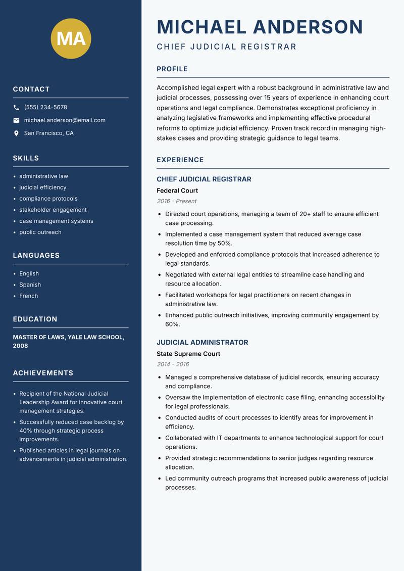 Judicial Registrar Resume Preview Example