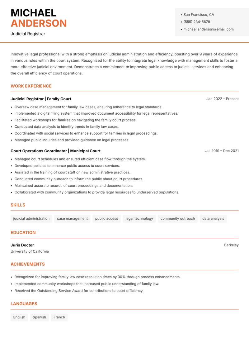 Judicial Registrar Resume Template