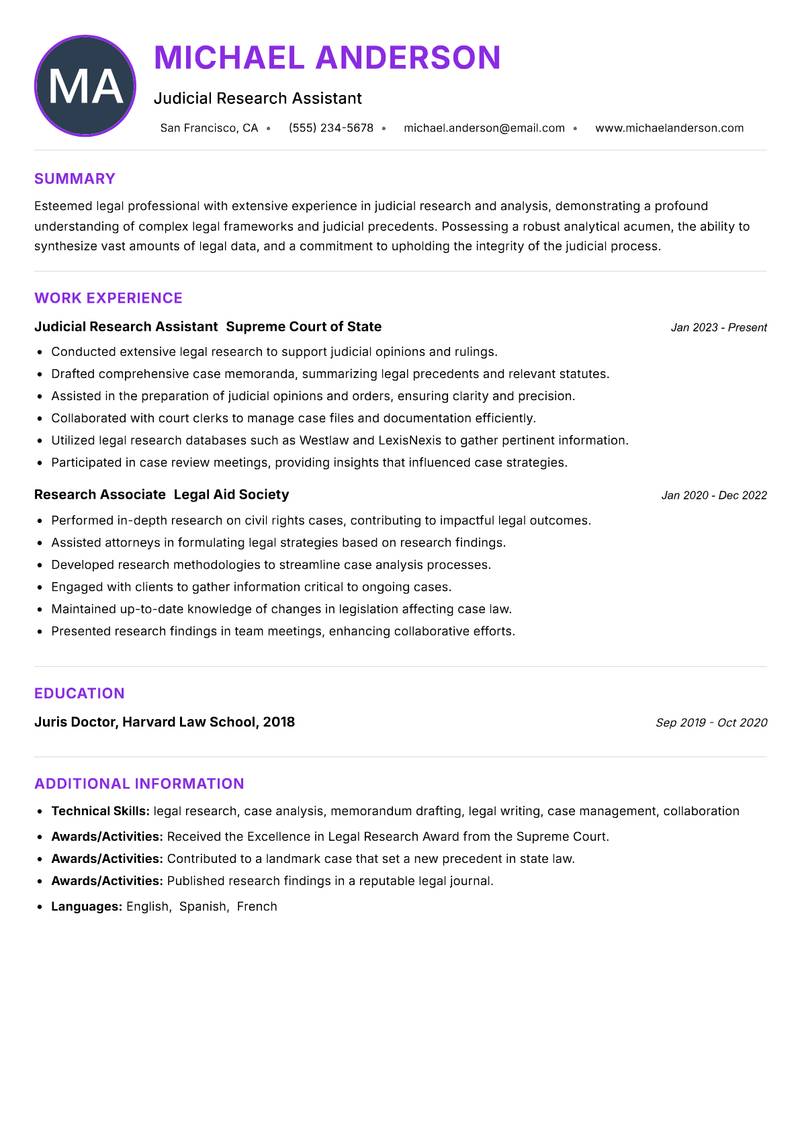 Judicial Research Assistant Resume Preview Example