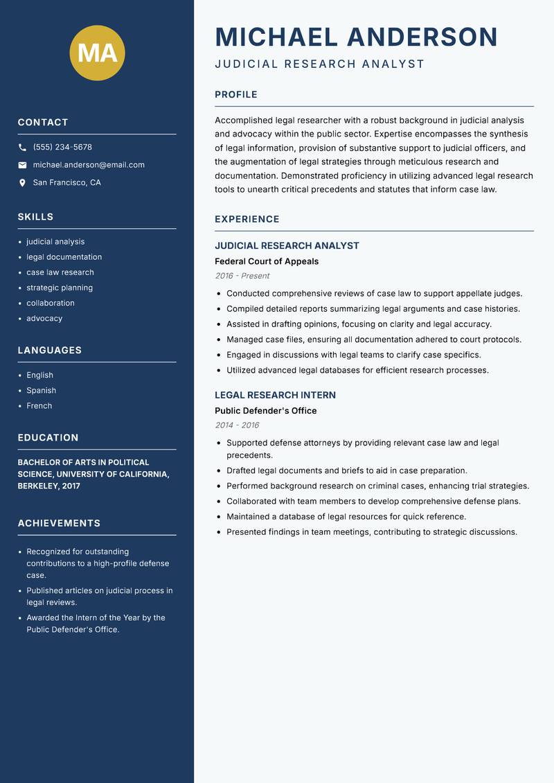 Judicial Research Assistant Resume Preview Example