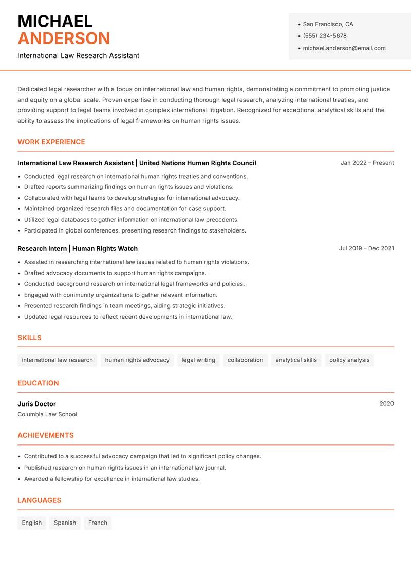Judicial Research Assistant Resume Template